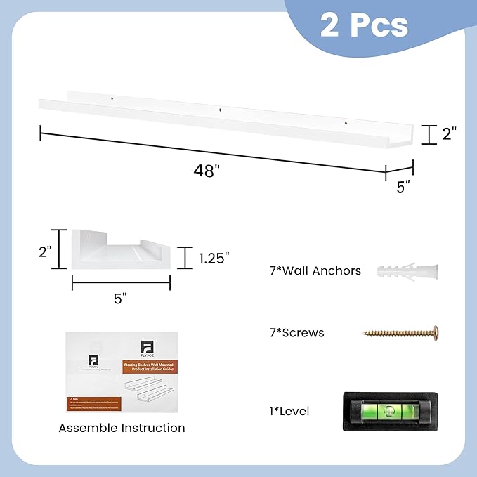 Picture Ledge Shelf for Wall, 48 inch Solid Pine Wood Nursery Book Shelves 2 Packs, Floating Ledge Shelves for Kids' Room Bedroom Bathroom Living Room Photo Frames Office Nursey Wall Decor, White