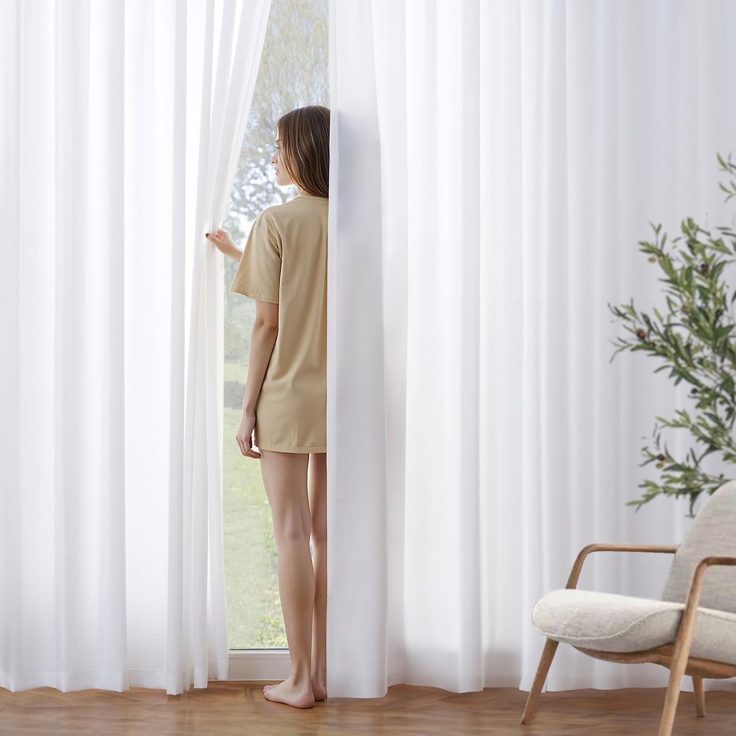 MIULEE White Privacy Sheer Curtains That Let Light in Non-See-Through Semi Sheer Curtains Light Filtering Window Curtain Drapes for Living Room Bedroom 42 X 54 Inches Long 2 Panels Set