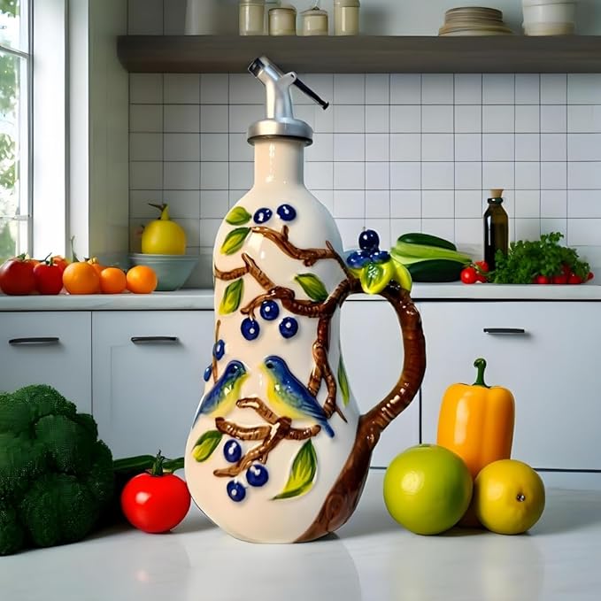 18.26oz/540ml Ceramics Olive Oil Dispenser Bottle,Hand Painted Reliefs Oil Dispenser for Kitchen,Oil Bottles for Kitchen (Blueberry)