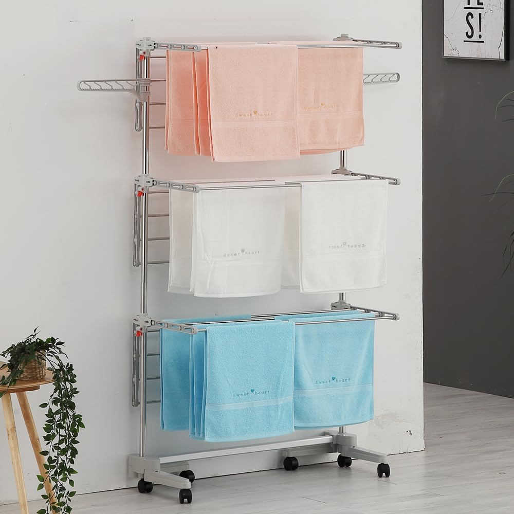 Foldable Laundry Drying Rack with Wheels - 48 Drying Rods, Heavy Duty, Movable, Perfect for Clothes, Duvet, Socks, Bed Linen, Sheets, 6 Wings
