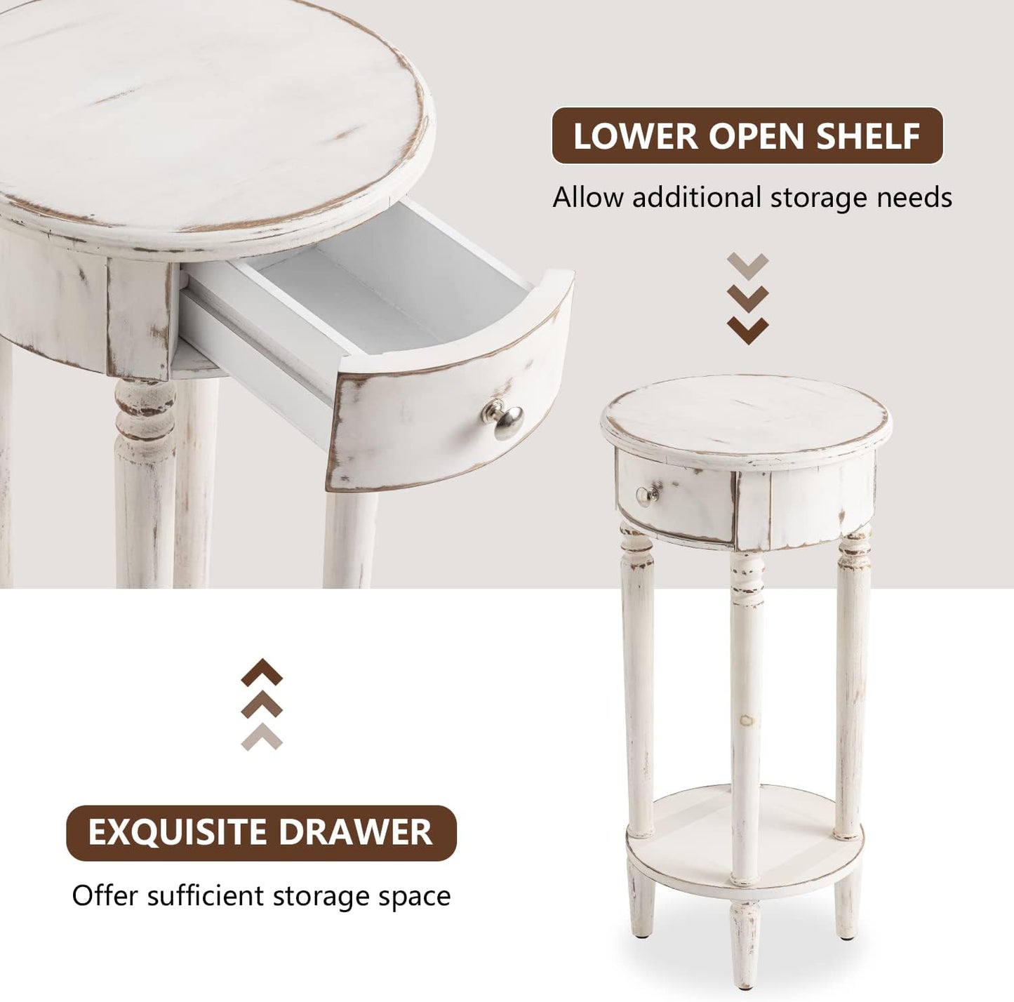 COSIEST Tall End Table with Drawer Sets of 2, Round Nightstand Bedside Table with Storage Shelf, Industrial Telephone End Table for Living Room, Bedroom, Hall Way, Space Saving