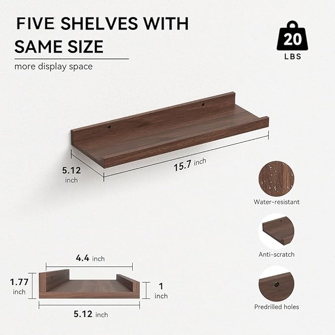 RICHER HOUSE 5 Set Floating Shelves for Wall Decor, Wall Mounted Book Shelf, Nursery Shelves Picture Ledge Shelf with Lip for Wall Storage, Bedroom, Living Room, Bathroom - Walnut
