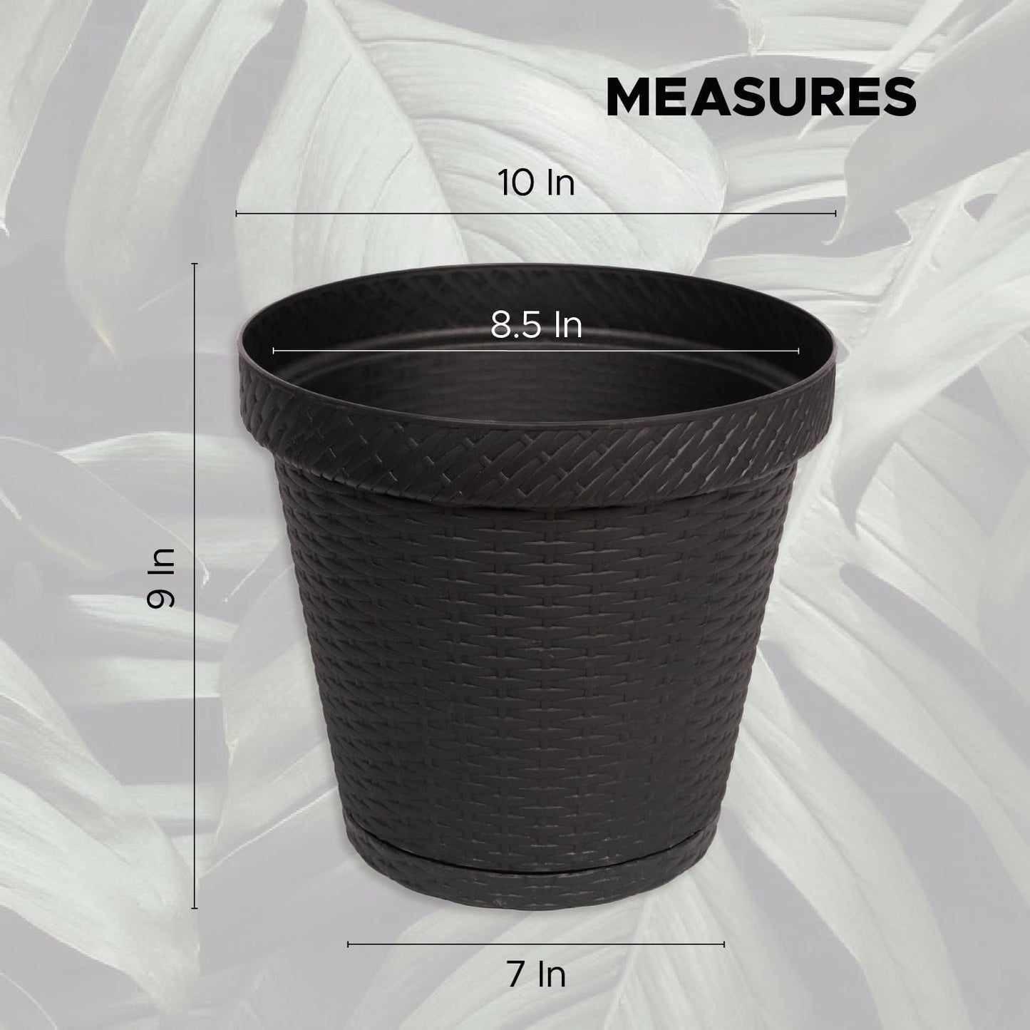 Elly Décor Set of 2 10 inch Round Saucer Modern Self Watering Planter Plates, Pots with Rattan-Like Finish, 10x10 Onix Gray