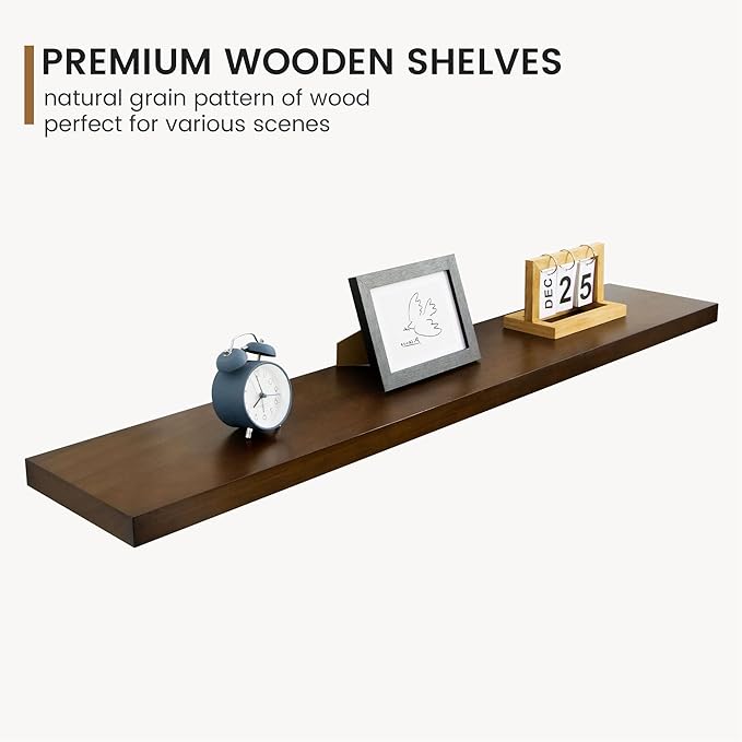 48 Inch Fireplace Mantel - 8 Inch Deep Rustic Premium Solid Pine Wood Floating Shelf - Farmhouse Wall Mounted Display Shelf - Heavy-Duty Metal Bracket - 48"W x 8"D - Set of 1 - American Walnut Color