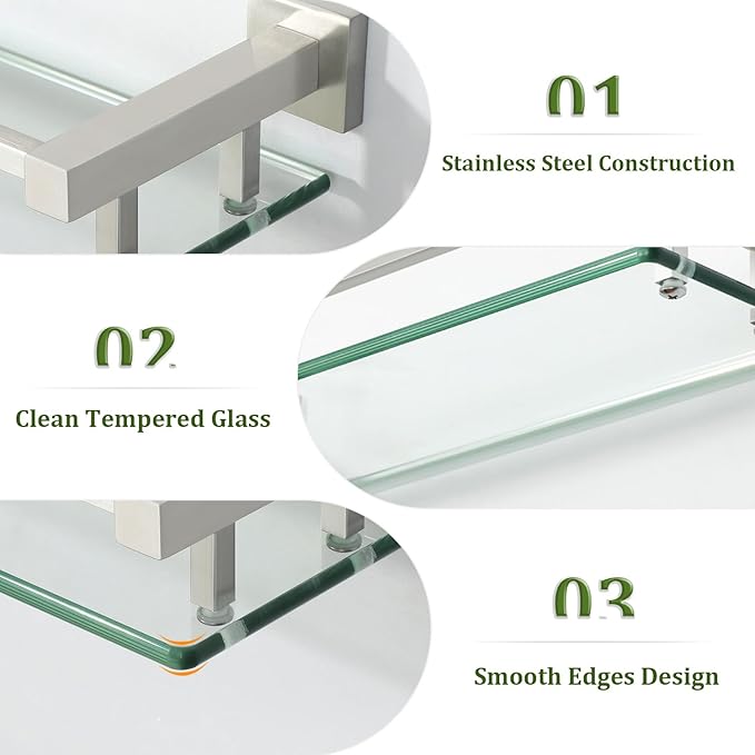 Alise Glass Shelves for Bathroom Wall, Tempered Glass Bathroom Shelf Wall Mounted, Modern Space Saving Floating Shelves 12 inch, Brushed Nickel