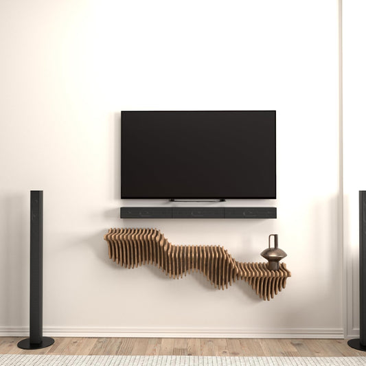 Parametric 40 inch Floating Shelf TV Unit Modern Geometric Wooden Wall Piece Decor Natural Oak Color 3D Wavy Living and Gaming Room Shelf