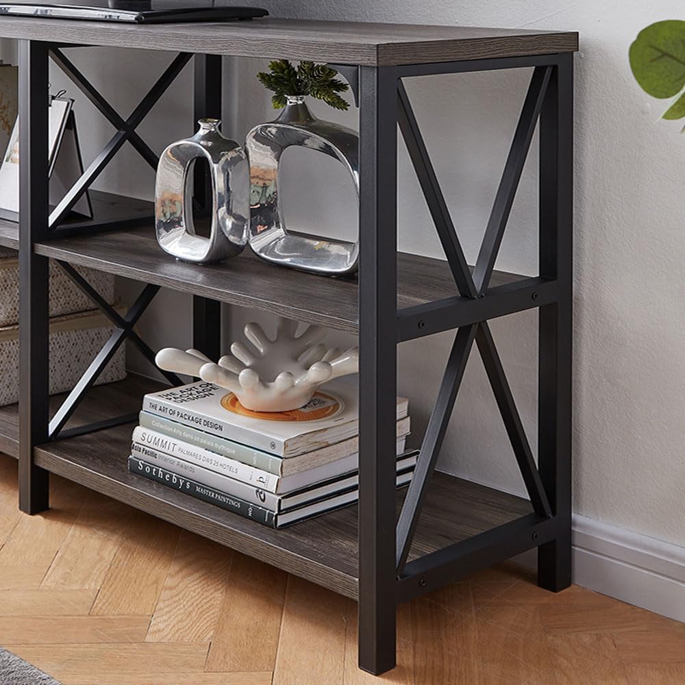 LVB Rustic Console Table, Industrial Modern Sofa Table Behind Couch, Long Metal Wood Entryway Table with Storage Shelf, Farmhouse Foyer Hallway Table for Home Living Room Bedroom, Dark Gray Oak, 63 in