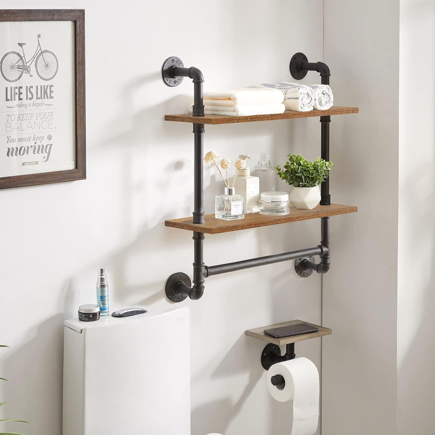 IBUYKE Pipe Floating Shelves,Rustic Iron 28.5 inches Industrial Pipe Shelf,2-Tier Wall Shelf with Towel Bar,Wall Mount Bookshelf for Bedroom,Kitchen,Living Room,Bathroom URF-TM014