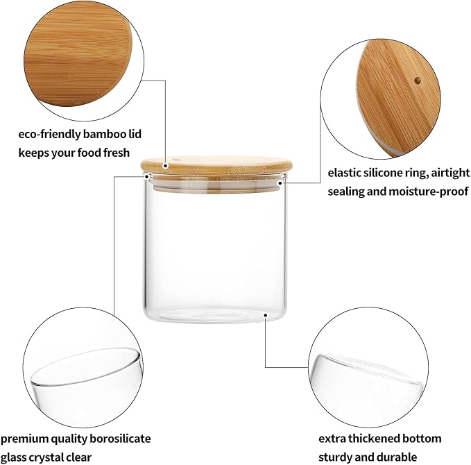 SIXAQUAE Glass Food Storage Containers Jar Seal Bamboo Lids 4 Packs 1000ml Airtight Canister Organization Sets Stackable…