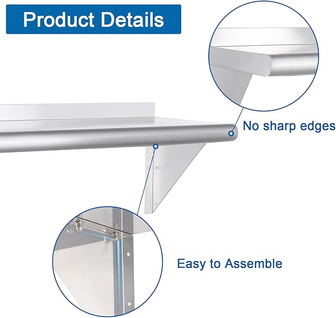 HARDURA Stainless Steel Shelf 12" x 36", 230lb Commercial Shelves Wall Mount Metal Shelving with Backsplash and Brackets for Kitchen, Restaurant, Laundry Room and Home