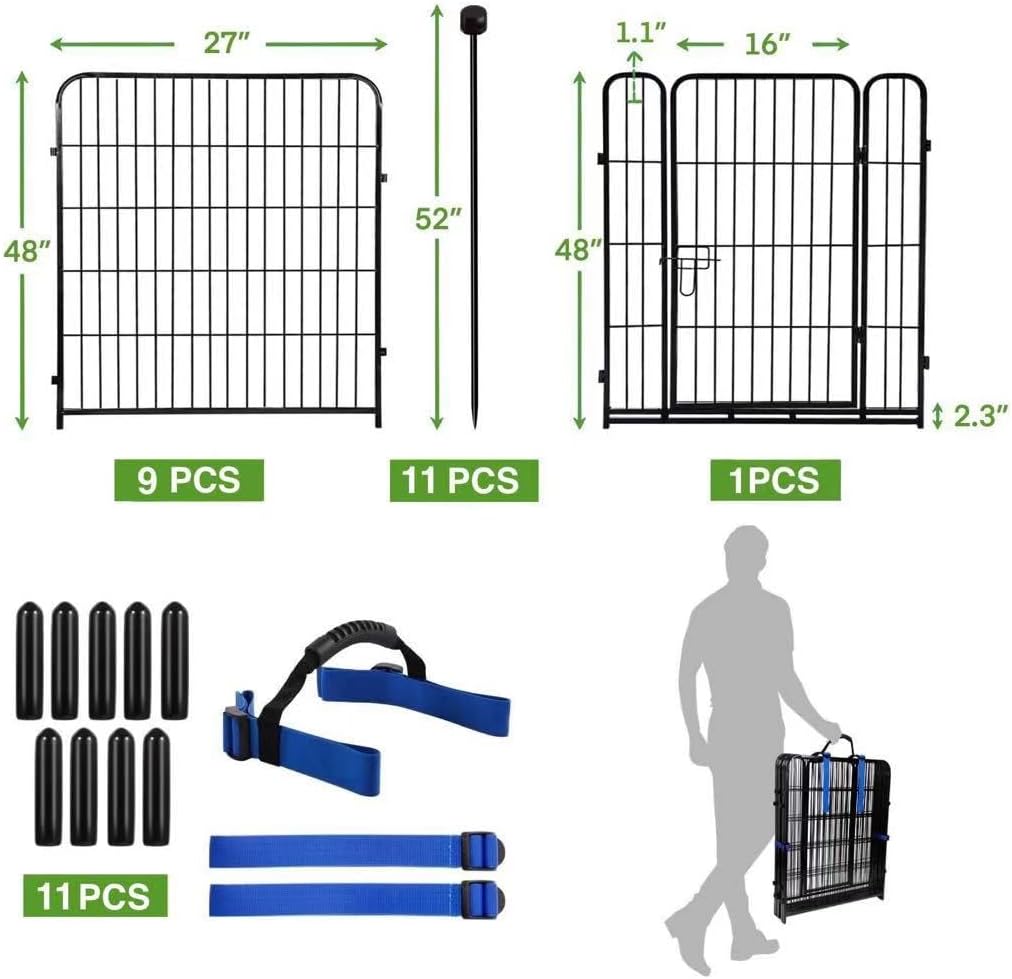 ADAVIN 48 in(H) Garden Fencing with Low Threshold Gate,10 Panels Total 22.1 Ft(L) Tall Animal Barrier Fence Borders, Outdoor Pet Barrier, Black Iron Metal Heavy Duty Dog Fencing for Yard or Camping