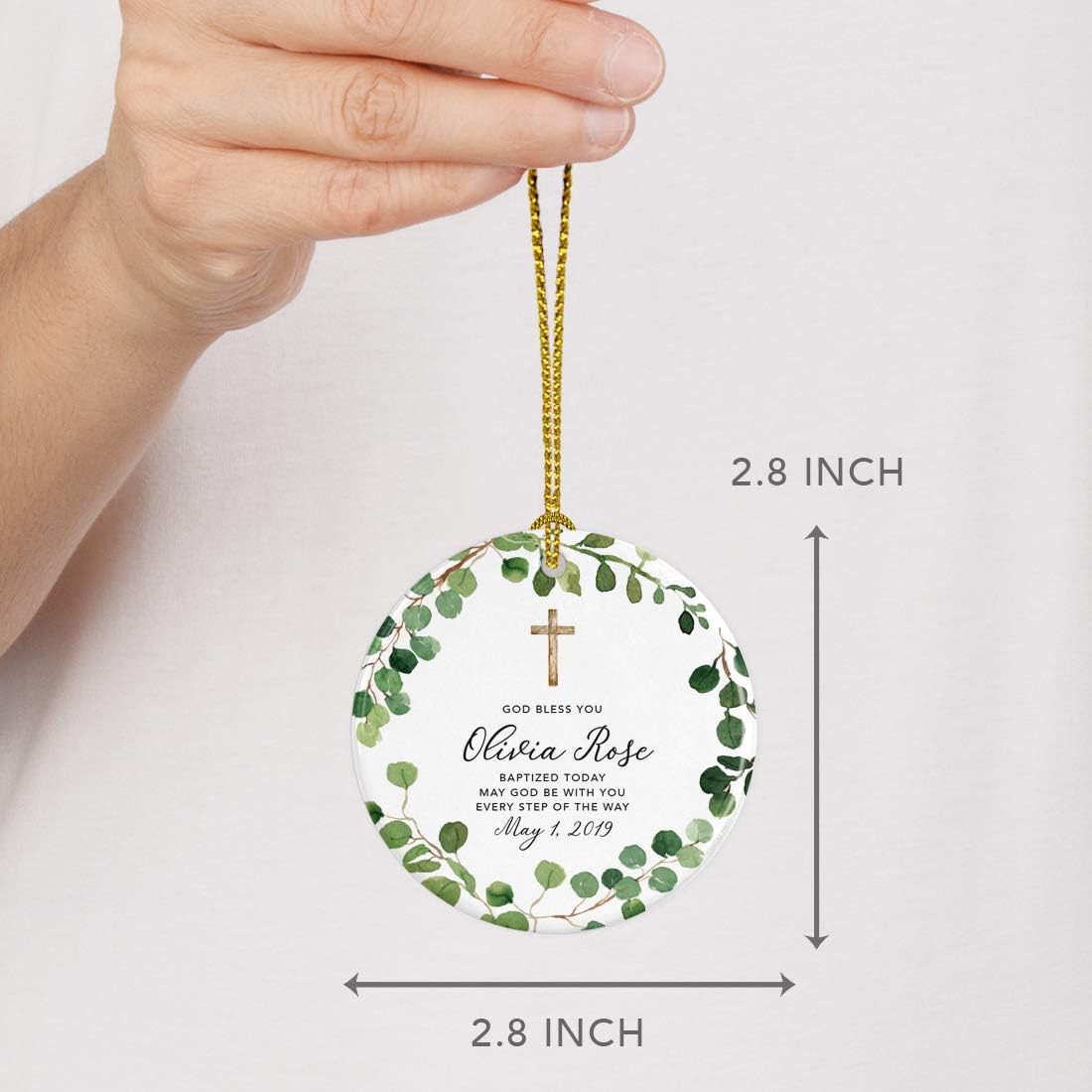 Andaz Press Personalized Round Ceramic Porcelain Christmas Ornament Gift, God Bless You Olivia Rose Baptized Today, Farmhouse Eucalyptus Wreath, 1-PackCustom Christening Gift Ideas