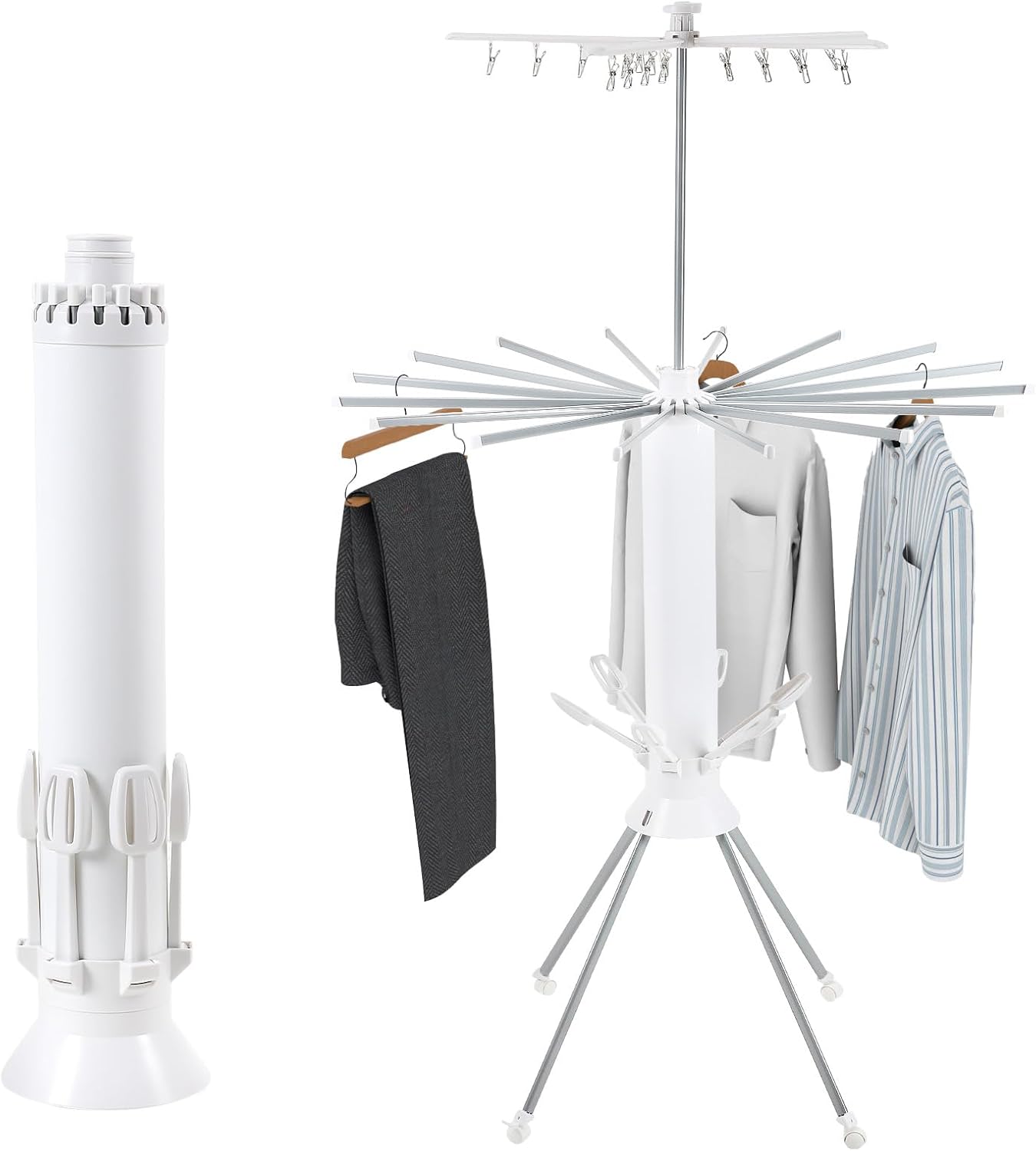 3 Tier Portable Clothes Drying Rackwith 4 Pulleys,Indoor and Outdoor Collapsible Rack Clothing with Shoe Drying Rack for Space Saving