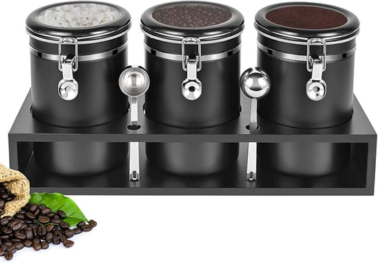 Yangbaga 3x63OZ Sugar Coffee Canisters with Shelf, 304 Stainless Steel Coffee Station Container for Ground Coffee Bean Storage with Airtight Locking Clamp&Scoop, Cereal Containers Storage for Kitchen