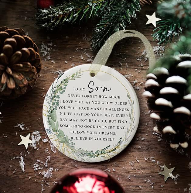 Son Ornaments 2025 Son Christmas Forever Ornament Best Ever Gift Double-Sided Printing Ceramic with Gift Box&Ribbon (2.9"