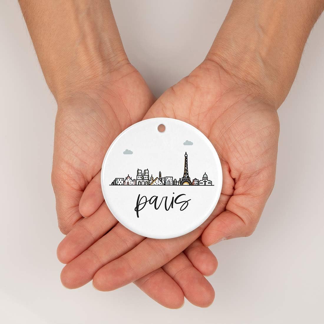 Andaz Press Round Ceramic Porcelain Christmas Tree Ornament Keepsake Gift, Paris, Colorful International City Skyline Graphic, 1-Pack, Birthday Ideas Family Coworker Him Her, Gift Box