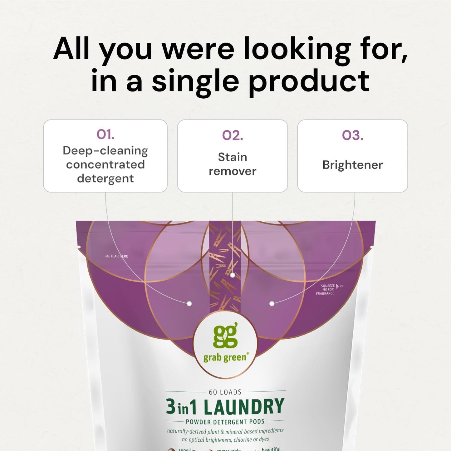 Grab Green 3-in-1 Laundry Detergent Pods, 24 Count, Lavender Vanilla Scent, Plant and Mineral Based, Superior Cleaning Power, Stain Remover, Brightens Clothes