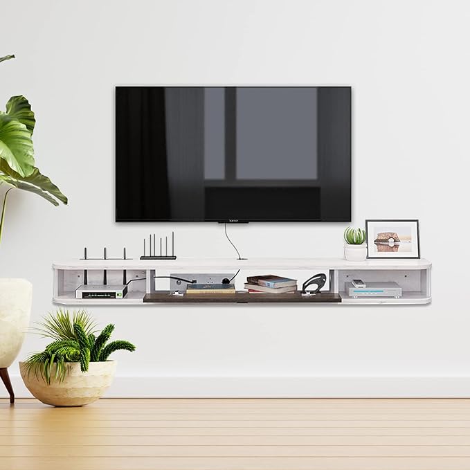 Pmnianhua Floating TV Console,63'' Wall-Mounted Media Console TV Cabinet Floating TV Stand Entertainment Shelf with Door and Storage (Grey White)