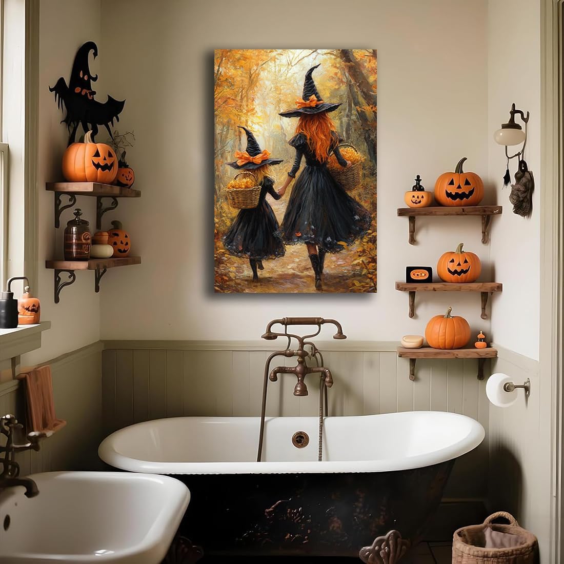Mother Witch And Child Daughter Witch Wall Art,Halloween Autumn Woodland Forest Path Picture,Family Room Nursery Playroom Kids Room Decor,16"x24" Framed