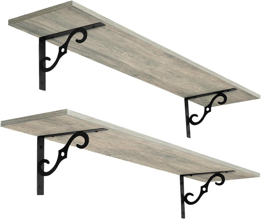 DINZI LVJ Long Wall Shelves, 31.5 Inch Large Floating Shelves Set of 2, Wide Display Shelf Wall Mounted with Brackets, Easy Hanging for Living Room, Toilet, Office, Bedroom, Gray Wash