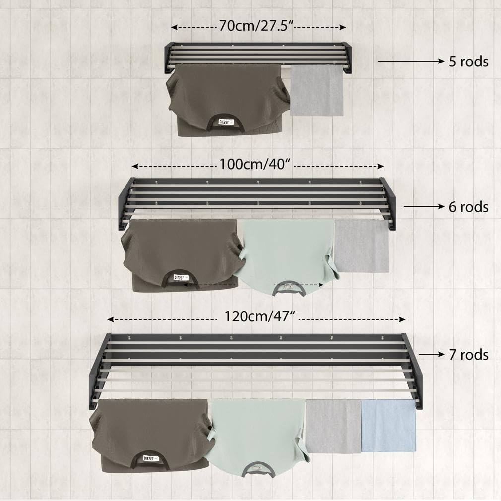 Step Up Laundry Drying Rack (28-INCH Industrial Gray), Wall Mounted, Retractable Clothes Drying Rack, 40lbs Capacity, 11.6 Linear Ft, with Wall Template and Long Screwdriver Bit