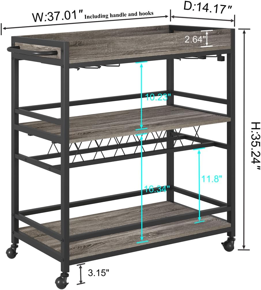 BON AUGURE Bar Cart, Home Bar Serving Cart on Wheels, Mobile 3 Tier Liquor Beverage Carts with Wine Rack and Glass Holder (Grey Oak)
