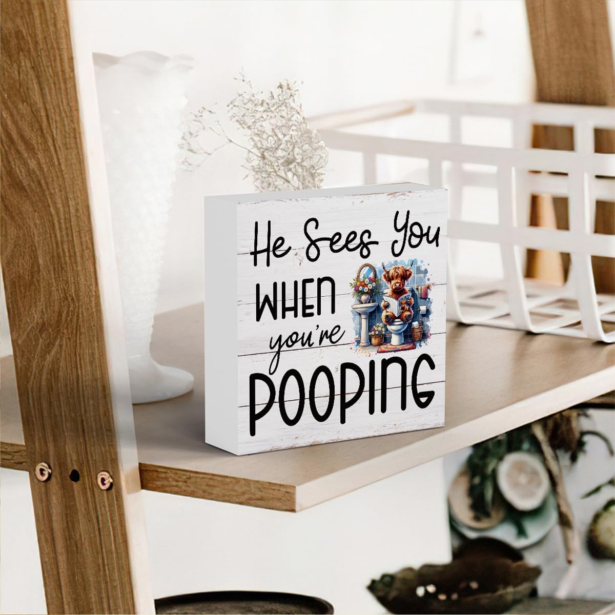 Funny Highland Cow Decor Memorial Day Fourth of July Independence Day Decorations Red White and Blue Decor, Rustic Farmhouse Home Office Wooden Box Sign for Bathroom - He Sees You When You're Pooping