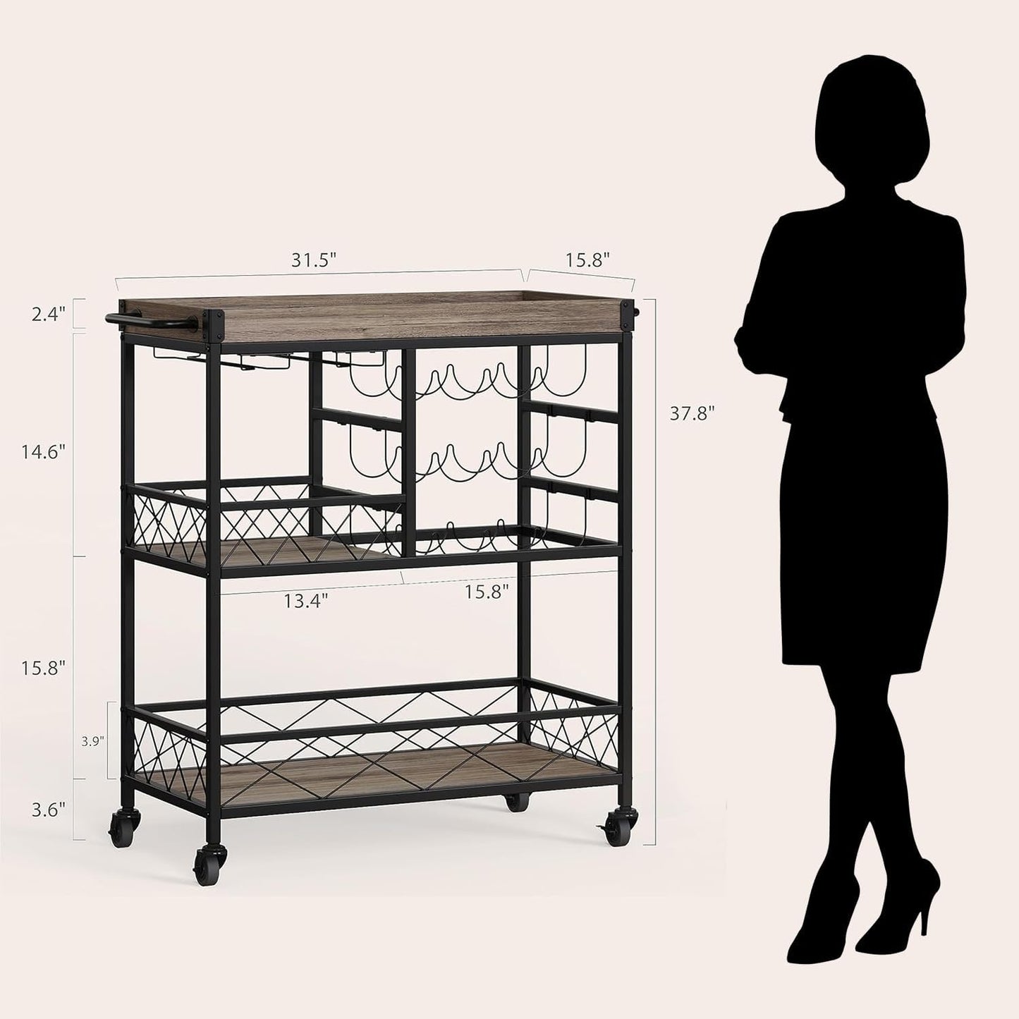 Gizoon Rolling Bar Cart, a Versatile Beverage Cart with a Removable Tray, 12-Bottle Wine Rack, and Glass Holder, The Bar Cart is Perfect for Kitchen, Dining Room, or Outdoor Use (Gray)