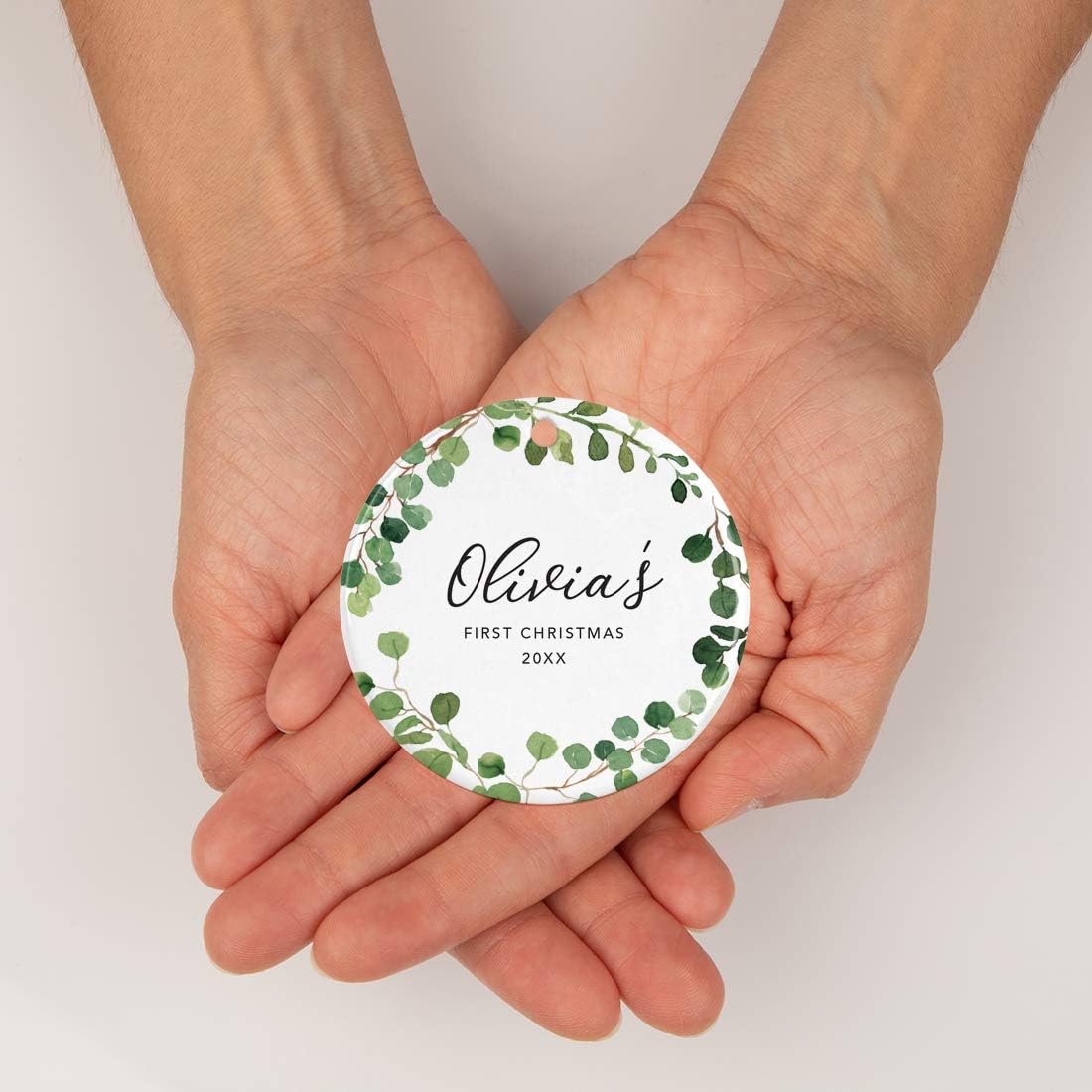 Andaz Press Personalized Round Ceramic Porcelain Christmas Tree Ornament Keepsake Collectible New Baby Gift, Olivia's First Christmas 2025, Farmhouse Eucalyptus Wreath, 1-Packs