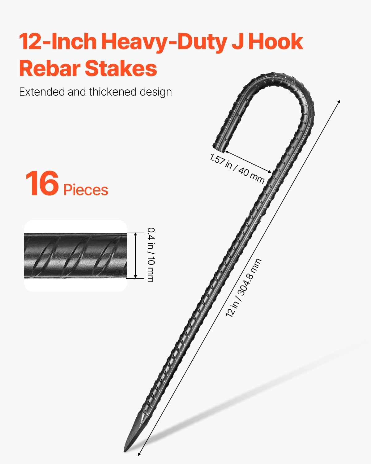 VEVOR Rebar Stakes, 12-Inch, Heavy-Duty 0.4 in Diameter J Hook, Galvanized Steel Ground Anchors with Chisel Point End & Rust-Resistant Coating, for Gardening Support, Fence, Camping Tents (16-Pack)
