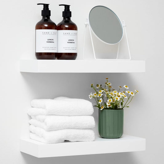 Homeforia White Floating Shelves 16 inch, High End Solid Real Wood 16inch Bathroom Floating Shelf for Wall Mounted, White Wooden 16 Floating Shelves, Heavy Duty Bracket, 16 X 6.5 X 1.75 inch, Set of 2