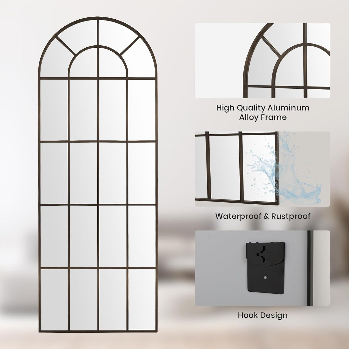 Arched Windowpane Mirror Full Length 71"x30" Wall Mounted Bronze Art Pane Farmhouse Decorative Floor Mirror Leaning Hanging Wall Mirror for Bedroom Living Room Entrance