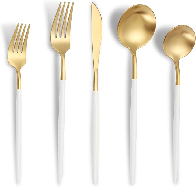 Matte White Gold Silverware Set for 4,Modern Stainless Steel Brushed Cutlery Set,20-Pieces Heavy Duty Flatware Set,Knives Spoons and Forks Set Utensils Set, Satin Finish, Dishwasher Safe