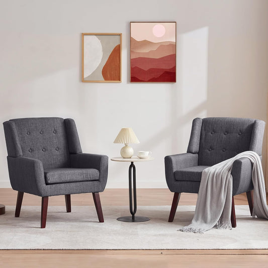 HUIMO Button-Tufted Accent Chairs Set of 2,Upholstered Reading Living Room Chair,Mid Century Modern Chair with Linen Fabric, Club Chair,Comfy Arm Chairs for Living Room,Bedroom,Grey