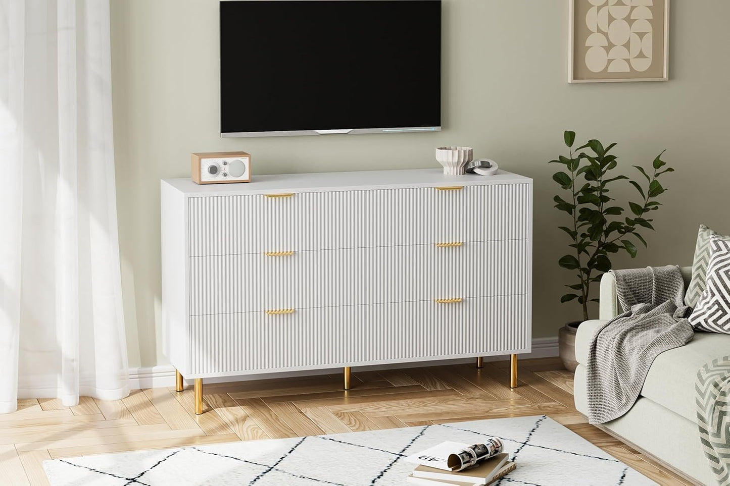 GAOMON 6 Drawer Dresser, Wood Chest of Drawers Organizer Storage with Gold Handle, Large Storage Cabinet, Modern Design Dresser for Bedroom, Living Room, Closet, Hallway, Entryway, White