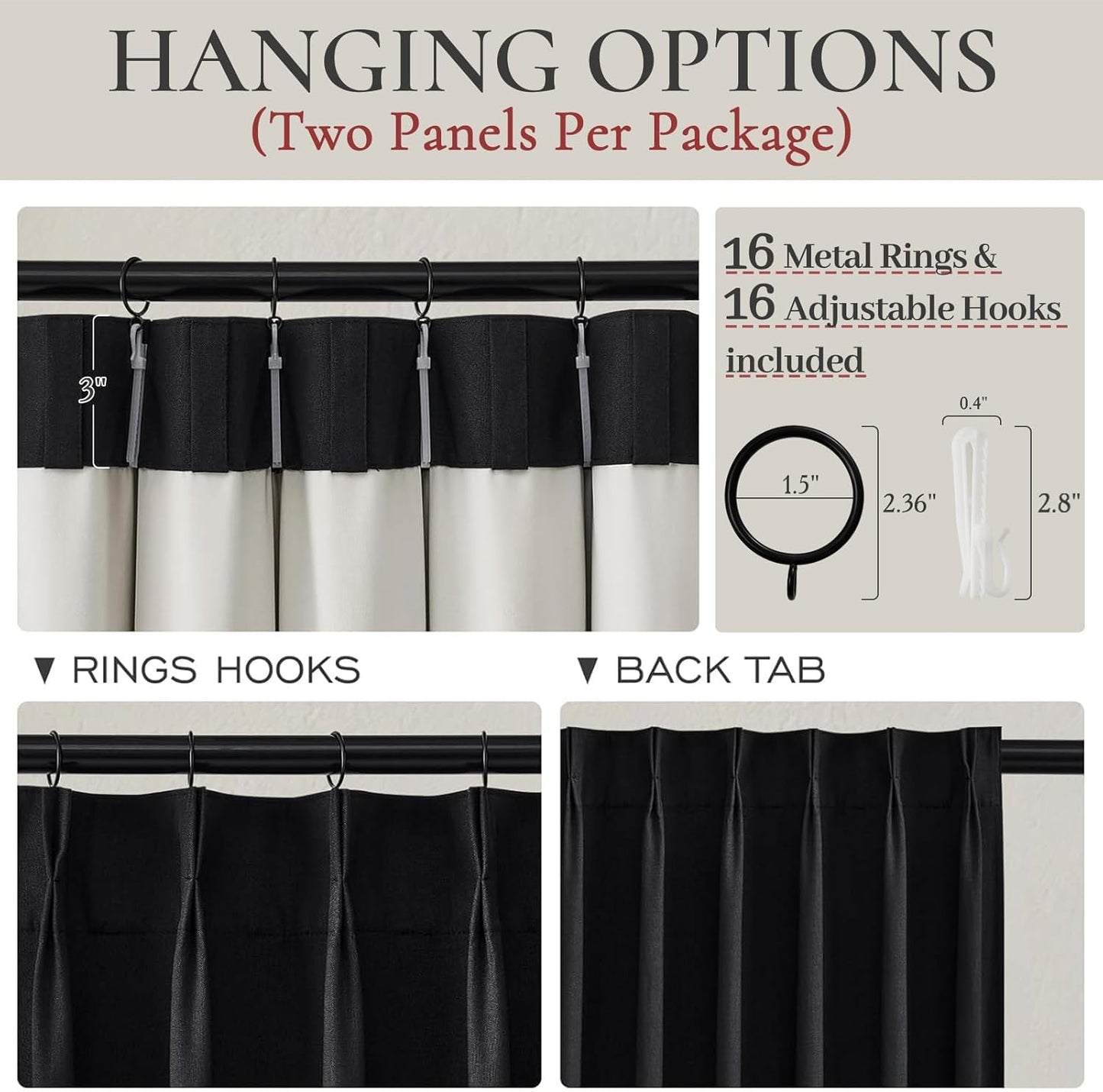 Black Curtains for Bedroom 90 Inches Long, Sound Proof Modern Window Drapes Light Blocking Floor to Ceiling Rod Pocket Linen Pinch Pleated Curtains Blackout Dining Room/Office (40"x90" 2 Panels)