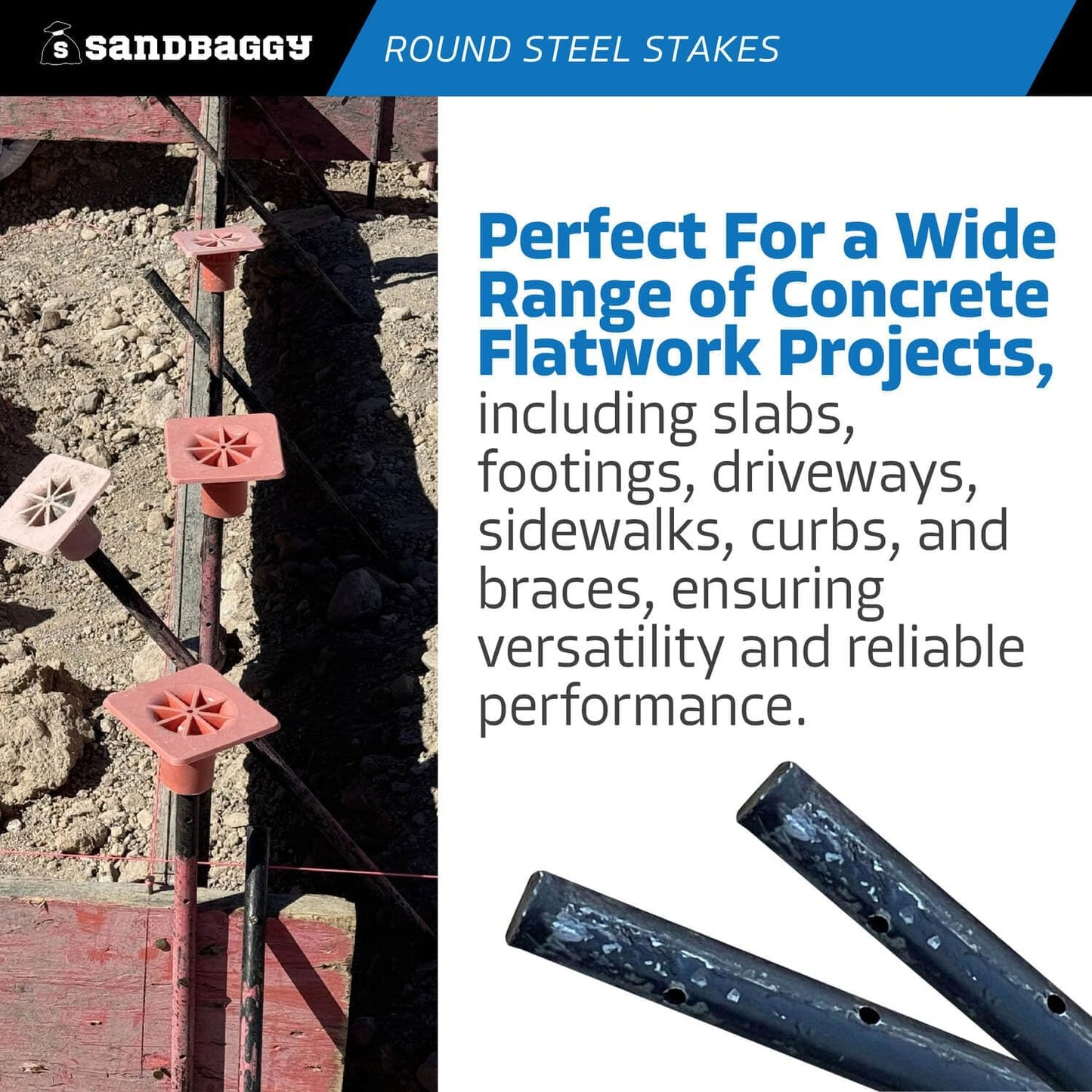 Sandbaggy Round Steel Concrete Form Stakes with Nail Holes - Rust Resistant Coating - Removable, Reusable (20, 3/4 in X 60 in)