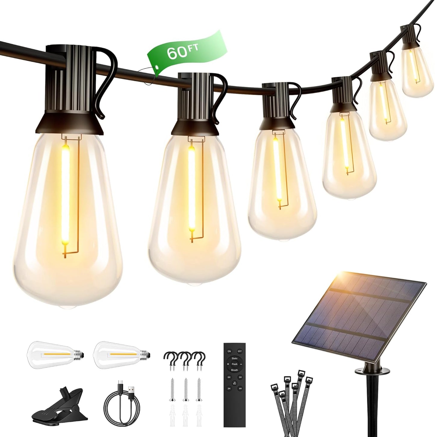 OHLUX 60FT Solar Globe String Lights Outdoor, Shatterproof Solar Patio Lights with Remote, 27 Dimmable ST38 LED Filament Bulbs, 2200K Soft Warm White Edison Hanging Light for Outside Canopy Deck
