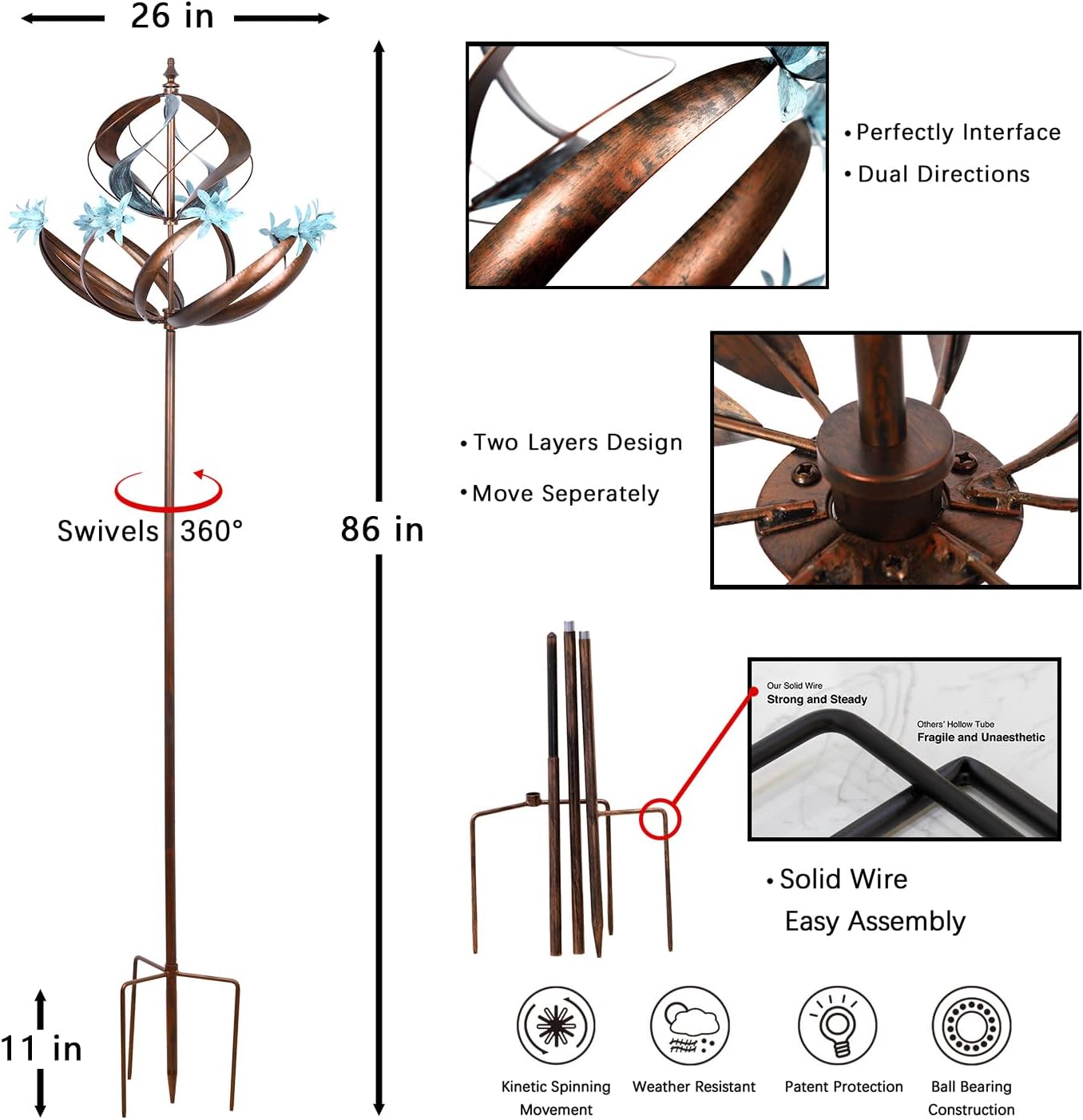 Wind Spinners Outdoor Metal - 86" Height Extra Large Kinetic Wind Spinner Sculpture for Yard and Garden, Ideal Gifts for Birthday, Anniversary and Housewarming