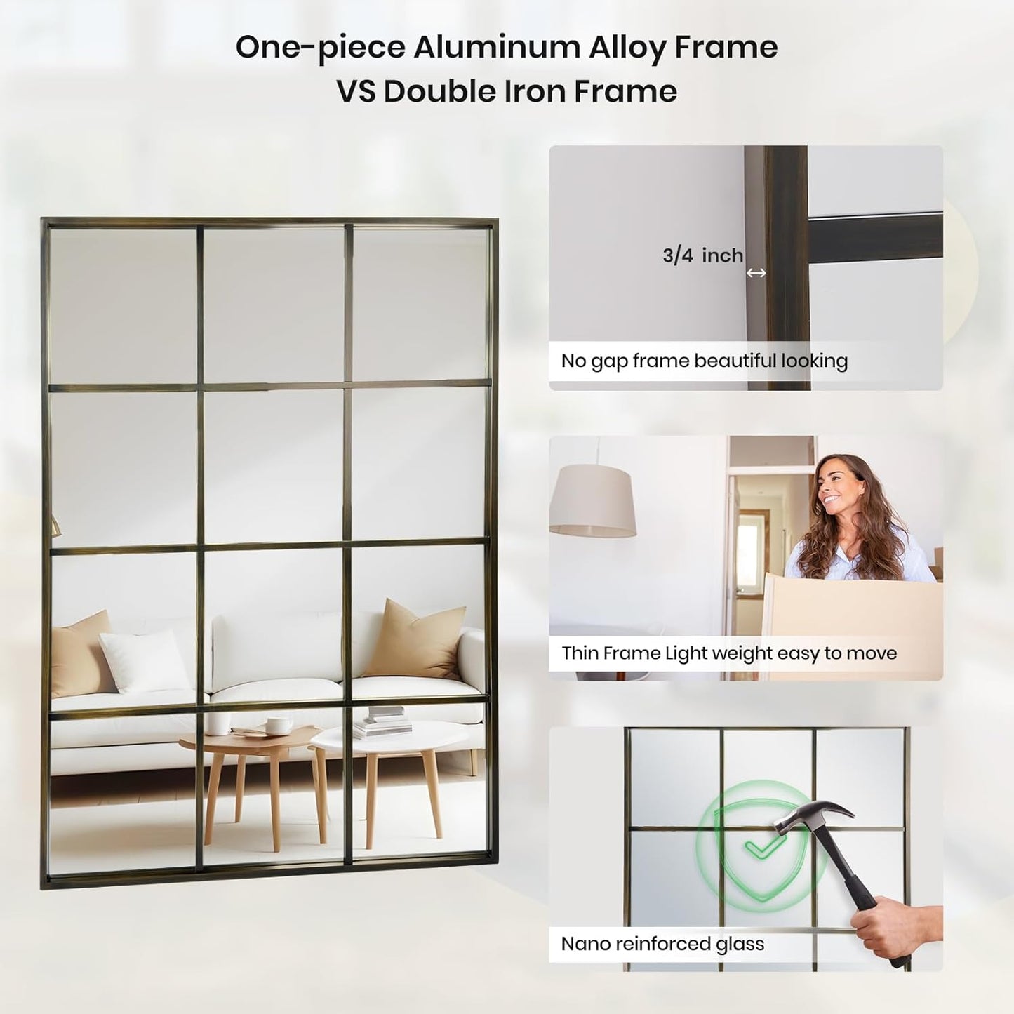 Windowpane Wall Mirror 30"x40" Bronze Wall Mounted Art Pane Mirror Farmhouse Decorative Mirror Leaning Hanging Wall Mirror for Bedroom Living Room Entrance Hallway Wall Decor