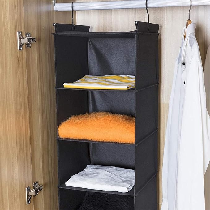 MAX Houser 6 Tier Shelf Hanging Closet Organizer, Closet Hanging Shelf with 2 Sturdy Hooks for Storage, 2 Pack, Foldable (Black)