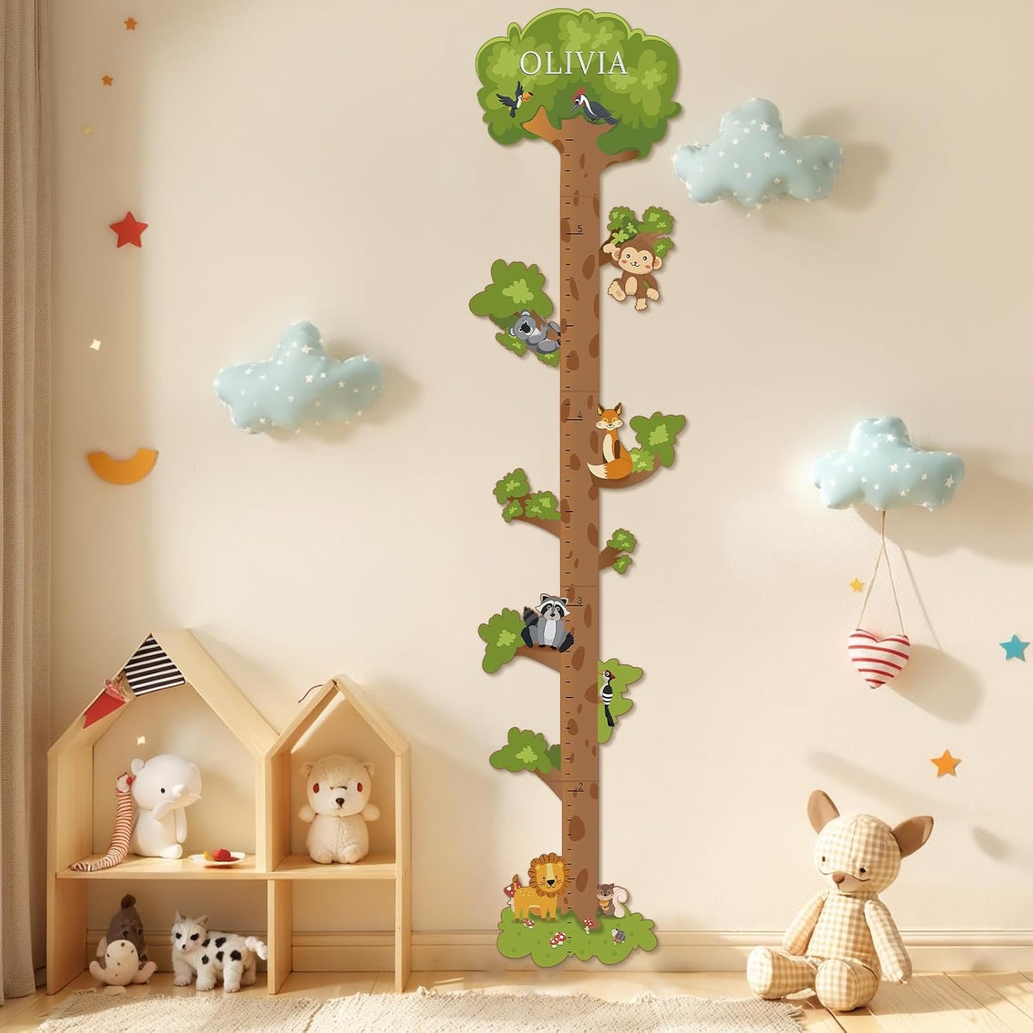 Wooden Surfboard Wall Decor Growth Chart,Tree Art Decor for Kids Room, Wood Tree Kids Sizing Chart, Height Board Cute Decor, Nursery Growth Chart Ruler Measuring Board for Boys Girls