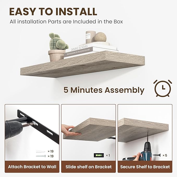 55 Inch Floating Shelves, 11.6 Inch Deep Floating Shelves for Wall, Floating Shelf with Invisible Brackets, Deep Shelves for Bathroom, Bedroom, Living Room, 1 Pack, Grey