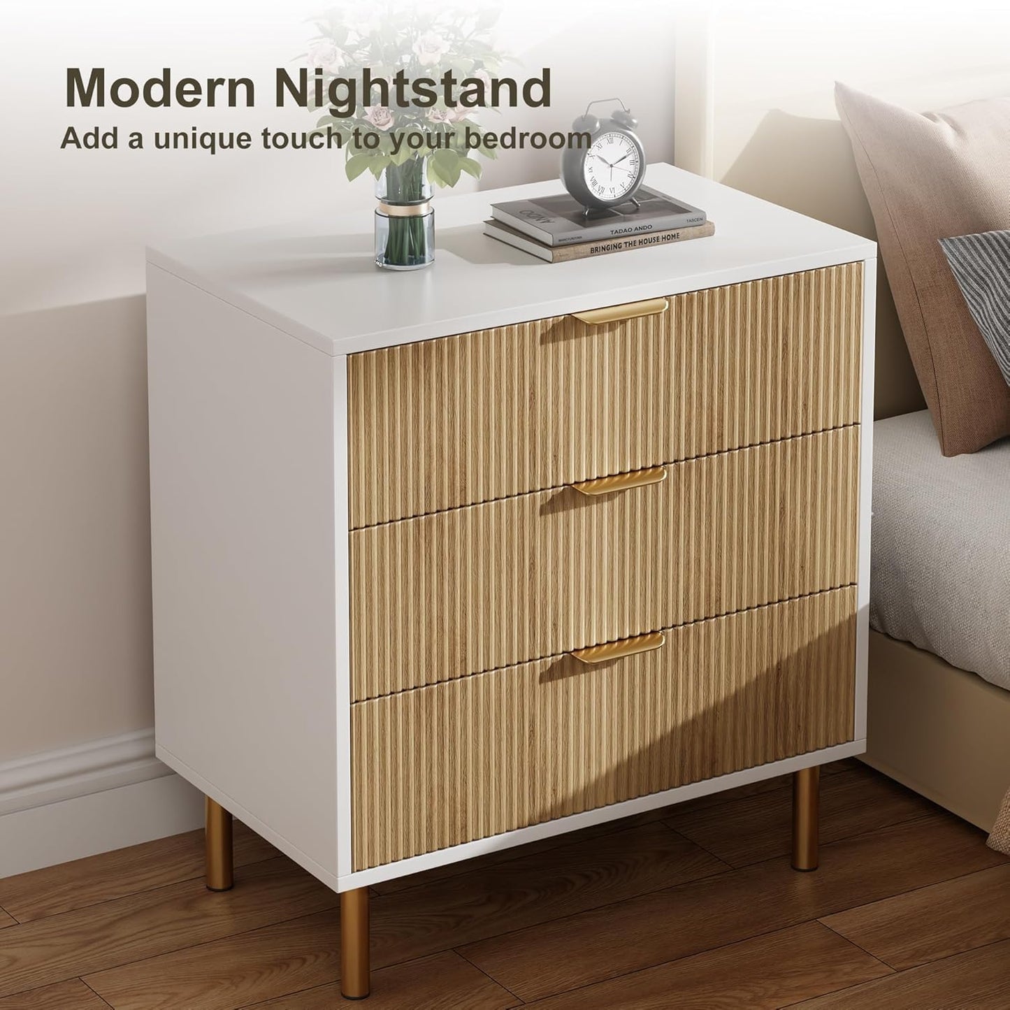 GAOMON 3 Drawer Dresser, Wood Chest of Drawers Organizer Storage with Gold Handle, Small Storage Cabinet, Modern Design Dresser for Bedroom, Living Room, Closet, Hallway, Entryway, Natural