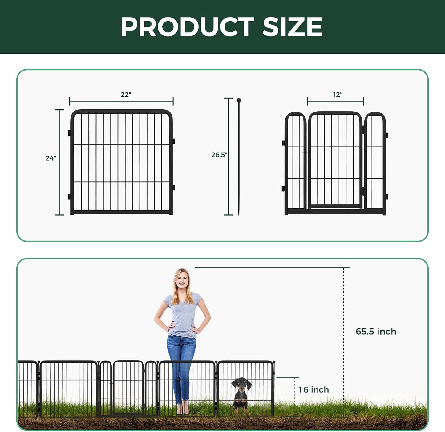 FXW Garden Fence 24in(H) x 11.1ft(L), 6 Panels Decorative Dog Fence Outdoor for The Yard – Heavy Duty Metal Animal Barrier for Dog and Rabbit, Easy Setup, Black