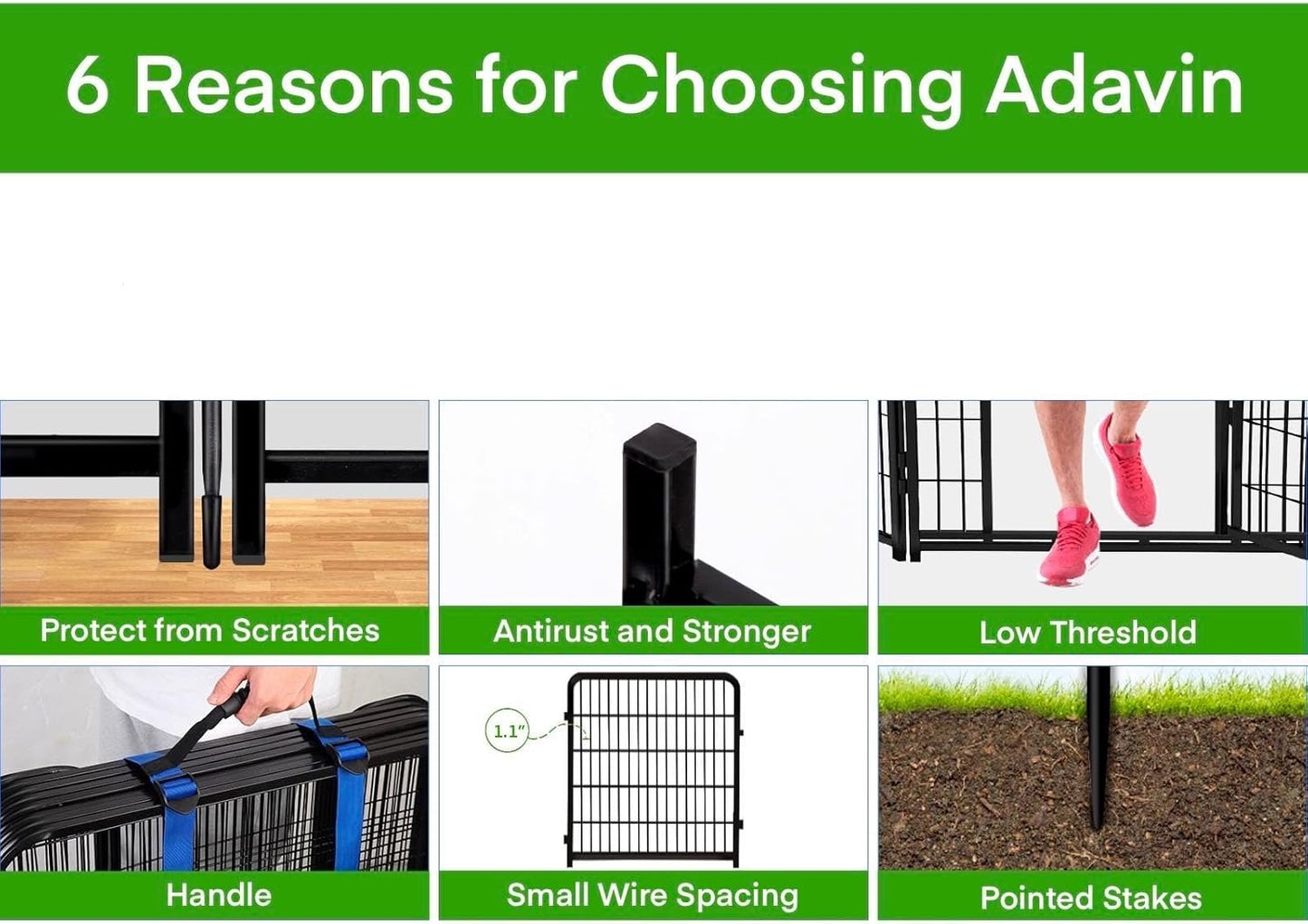 ADAVIN 32 in(H) Garden Fence with Low Threshold Gate, 8 Panels Total 17.7 Ft(L) Tall Garden Fencing for Raised Beds, Outdoor or Indoor Dog Playpen, Black Iron Metal Heavy Duty Dog Fencing