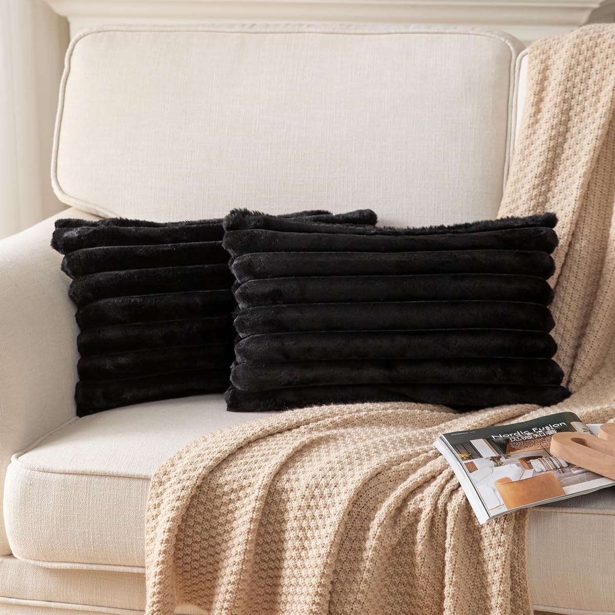 DEELAND Pack of 2,Double-Sided Faux Fur Plush Decorative Throw Pillow Covers Fuzzy Striped Soft Pillowcase Cushion Covers for Sofa Couch Bedroom Black 12x20 inch