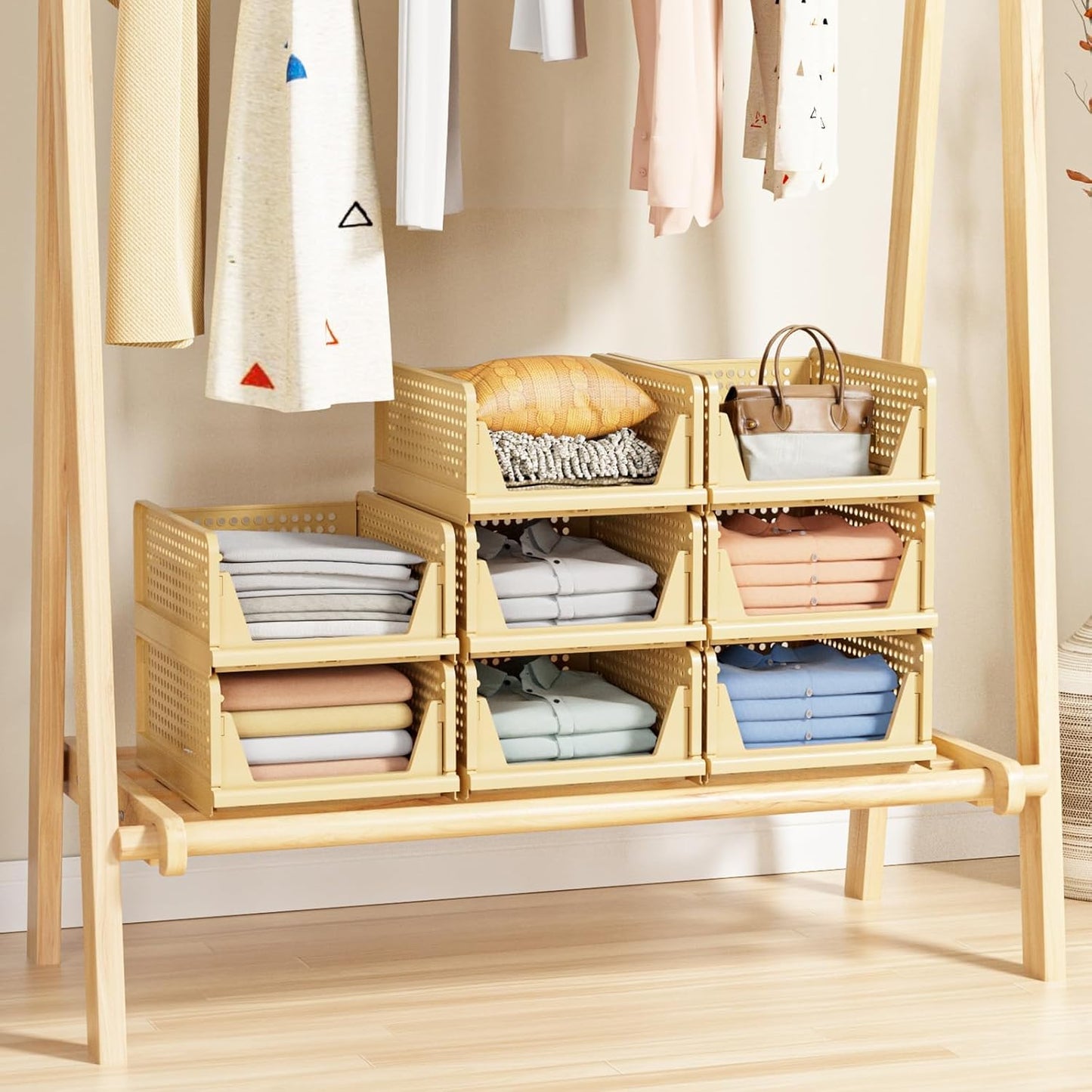 5 Pack Stackable Closet Storage Basket - Stackable Storage Bins, Multifunctional & Foldable Closet Organizer, Wardrobe Cupboard Space-Saving Hat Storage Drawer Organizer, Yellow