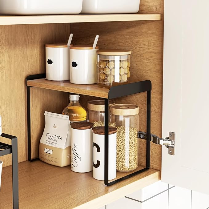 Mitus Shelf Organizer and Storage, Tiered Wood Cabinet Rack for The Kitchen Counter, Bathroom Counter, Pantry Cupboard, Office Desk Bookshelf, 16" Wide Natural and Black (Large)