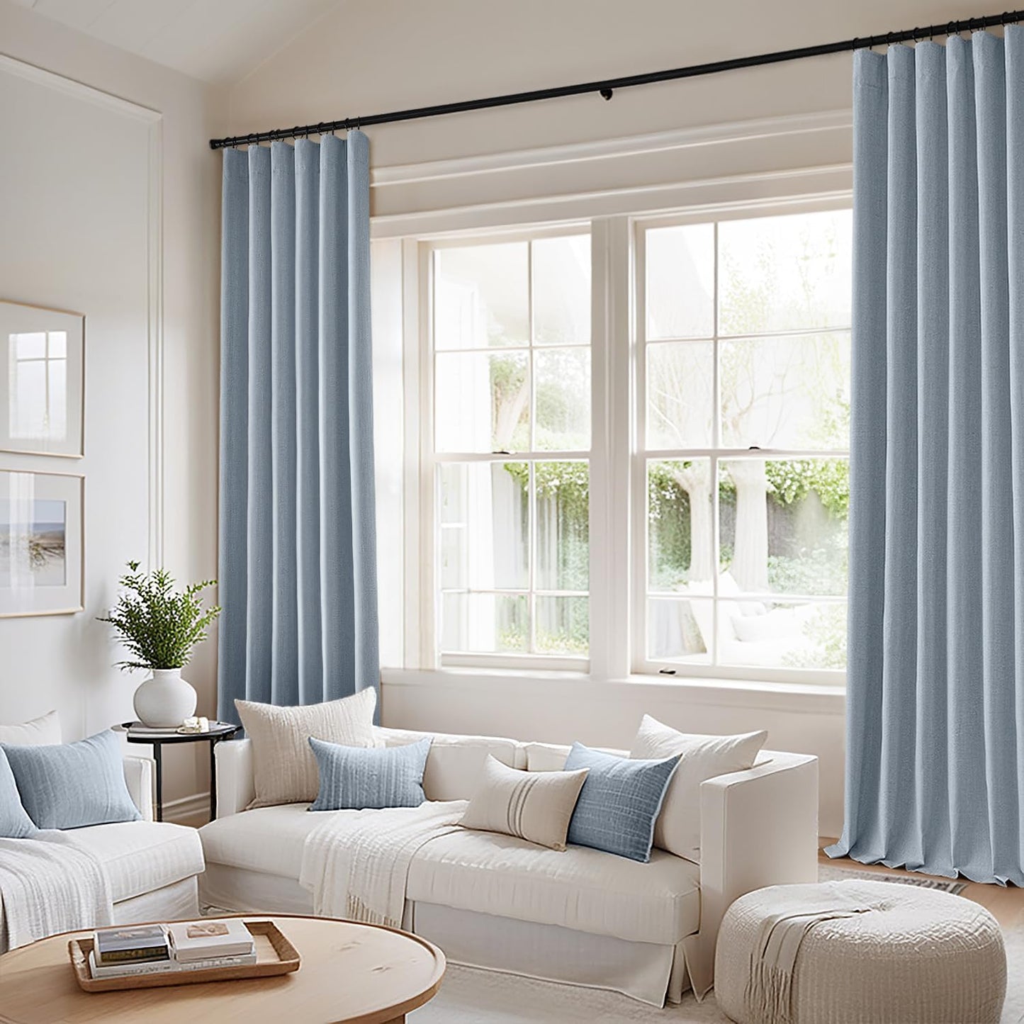 MIULEE 100% Blackout Curtains 120 Inch Long 2 Panels Set for Bedroom, Thick Faux Linen Black Out Curtain Room Darkening Back Tab Pleat Window Textured Drapes with Hooks for Living Room, Chambray Blue